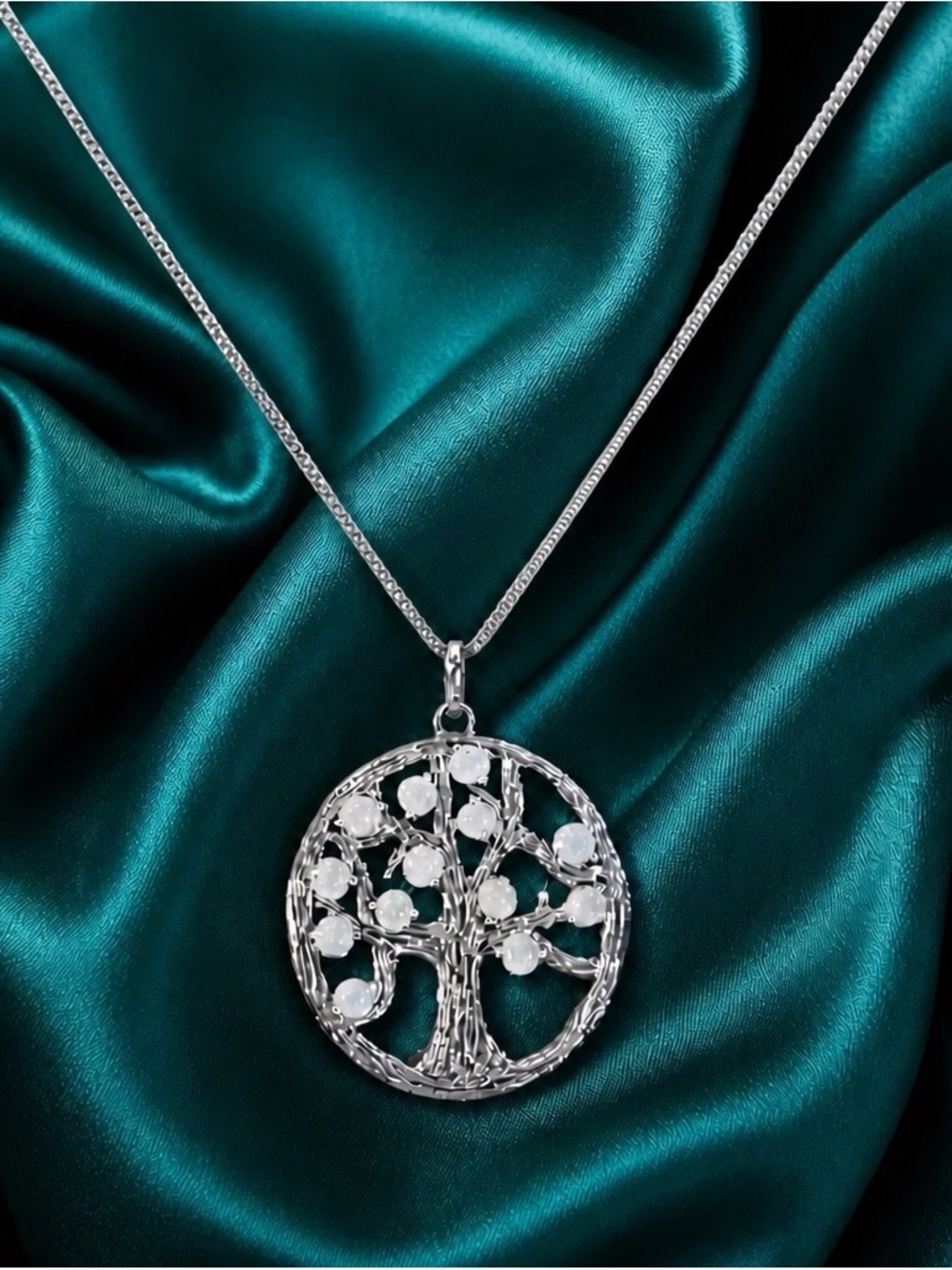 Genuine Rainbow Moonstone ‘Tree of Life rhodium over 925 Sterling Silver Pendant